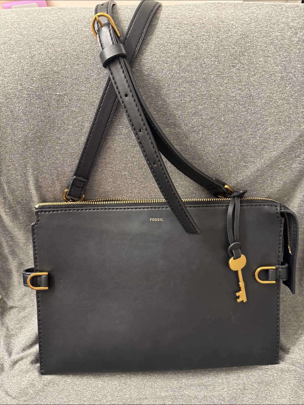 Fossil Black Leather Key Charm Crossbody Bag